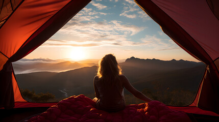 Young woman in the tent looking at the beautiful view of a mountain - obrazy, fototapety, plakaty