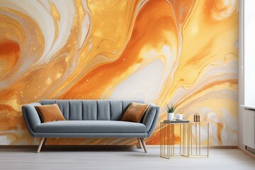 Abstract orange and yellow art with marble swirls, agate ripples, and gold glitter. A luxurious and organic wallpaper. Generative AI - obrazy, fototapety, plakaty