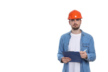 PNG, Engineer in helmet with folder, isolated on white background, space for text