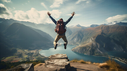 Happy man with backpack jumping on top of the mountain peak with legs folded