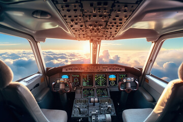 cockpit of a passenger plane airplane interior, pilot seat pilot windshield during flight in the sky above the clouds