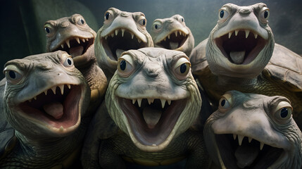 Happy turtles group with open mouth taking funny selfie