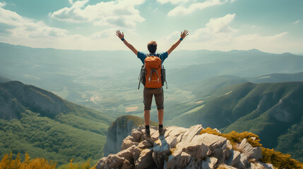 Happy man with backpack standing on mountain top - Delightful hiker with arms up standing on the cliff - Sport and travel life style concept - Powered by Adobe