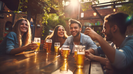 Happy young friends holding beer glasses at an open pub - Group of young people having great time at a bar table
