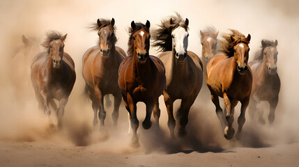 Herd of Horses running with dust behind them