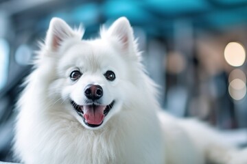 Close-up portrait photography of a funny american eskimo dog licking paws wearing a thermal blanket...