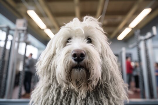 Close-up portrait photography of a curious komondor dog sitting on his owner's lap wearing a cashmere sweater against a dynamic fitness gym background. With generative AI technology