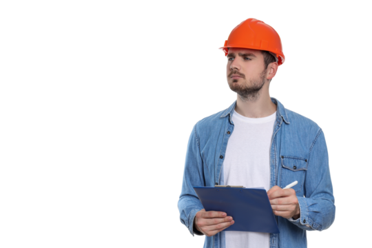 PNG, Engineer in helmet with folder, isolated on white background, space for text
