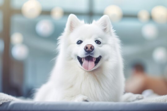 Close-up portrait photography of a funny american eskimo dog licking paws wearing a thermal blanket against a dynamic fitness gym background. With generative AI technology