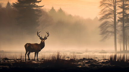Red deer stag standing in the mist