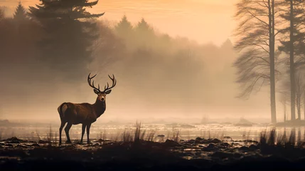 Fotobehang Red deer stag standing in the mist © Trendy Graphics