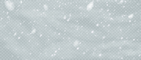 Falling snowflakes in transparent beauty, delicate and small, isolated on a clear background. Snowflake elements, snowy backdrop. Vector illustration of intense snowfall, snowflakes. Christmas.