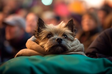 Close-up portrait photography of a curious cairn terrier napping wearing a fluffy hoodie against a...