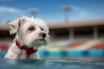 Photography in the style of pensive portraiture of a cute maltese swimming wearing a polka dot bandana against a dynamic sports stadium background. With generative AI technology