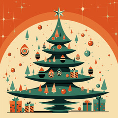 Xmas modern design with Christmas tree, ball, star decoration and gifts boxes. Christmas card, poster, holiday cover or banner