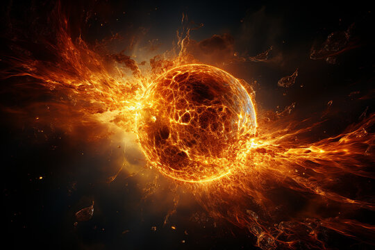 bright orange sun in solar system in space