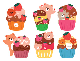 hand drawing cartoon cute dessert and cartoon bear sticker set. cute food and animal sticker, decor element. cute colorful dessert illustration sticker