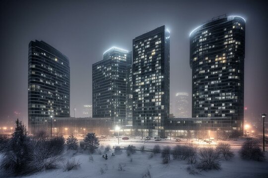 A winter night amidst towering buildings. Generative AI