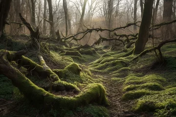 Zelfklevend Fotobehang Twisted woodland scenery resembling a Minecraft landscape. Generative AI © Adamek