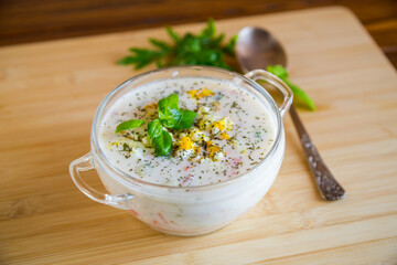 Cold soup with cucumbers, eggs, vegetables, yogurt and fresh herbs in a glass bowl .