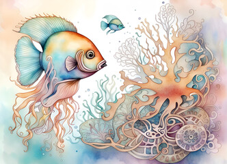Watercolor undersea background. Jellyfish, underwater plants, fish in soft pastel. Amazing digital illustration. CG Artwork Background