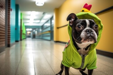 Medium shot portrait photography of a funny boston terrier begging for walk wearing a dinosaur...