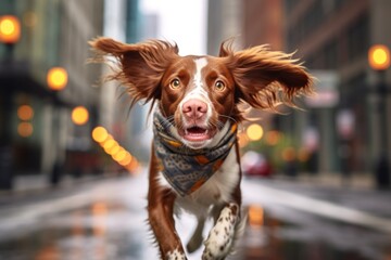 Medium shot portrait photography of a funny brittany dog chasing birds wearing a cooling bandana against a bustling city street background. With generative AI technology - obrazy, fototapety, plakaty