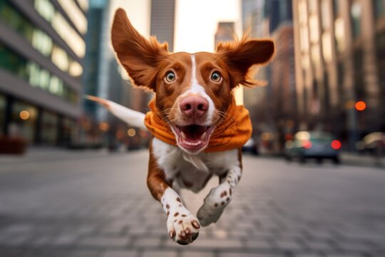 Medium shot portrait photography of a funny brittany dog chasing birds wearing a cooling bandana against a bustling city street background. With generative AI technology