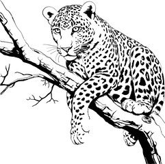 Leopard cat, sitting in tree. Hand drawn illustration for tattoo design, emblem, badge, t-shirt print. Engraving of wild animal. Classic vintage style image. ai generated illustration