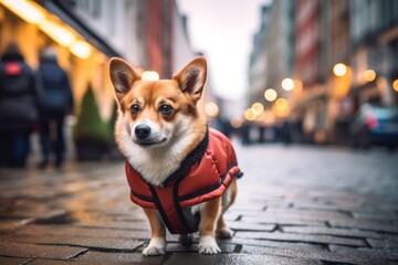 Medium shot portrait photography of a cute norwegian lundehund bumping head wearing a therapeutic coat against a bustling city street background. With generative AI technology - obrazy, fototapety, plakaty