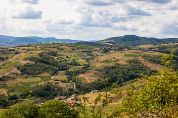 Paysage de collines et de vignobles du Beaujolais à proximité du village d’Oingt