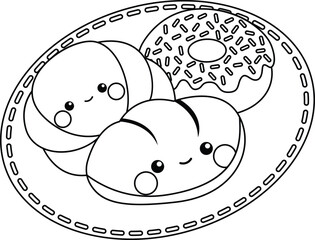 a vector of donut and pastry in black and white coloring