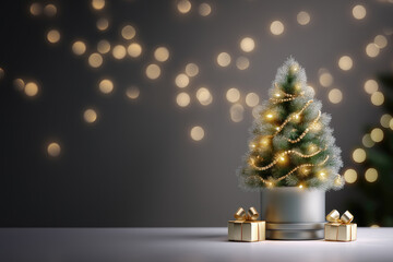 Christmas tree with lights and decorations with copy space and blurred background