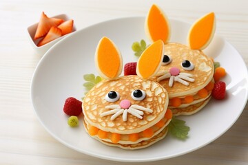 Adorable rabbit pancakes with sweet sprinkles for Easter breakfast or brunch, perfect for children. Generative AI