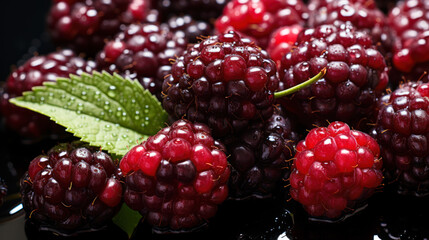Macro close-up of boysenberry fruit texture with water spots, fruit photography