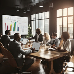 diverse group of people sitting in conference room while discussing about charts shown on a presentation