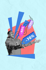 Collage image of excited funky guy catching falling discounts isolated turquoise color background