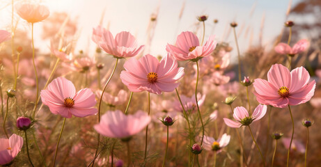 flower white beautiful pink blooming nature field violet meadow sunset background. Generative AI.