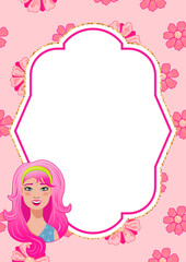 Template with pretty girl with pink hair for birthday invitation, flyer, party, to do list. Pink aesthetic. Space for text. Vector illustration.