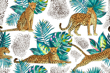 Seamless pattern with tropical leaves and leopards. Animals in different poses and palm leaves, monstera, alocasia. Exotic jungle on a white background. Cartoon. Vector.
