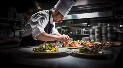 Professional chef cooking in a restaurant kitchen, man chef concentrated while preparing food in...