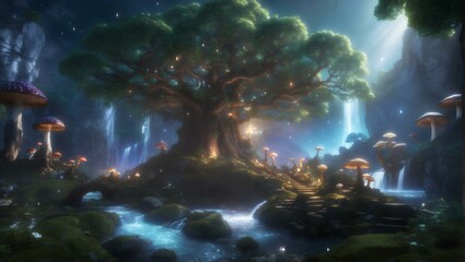 Explore the enchanted realm of a mystical forest with towering ancient trees glowing mushrooms and a sparkling waterfall rendered in stunning 3D realism