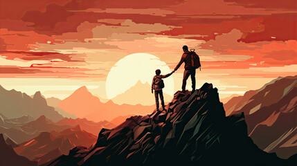 Hiker helping friend reach the mountain top, Generative Ai illustration - obrazy, fototapety, plakaty