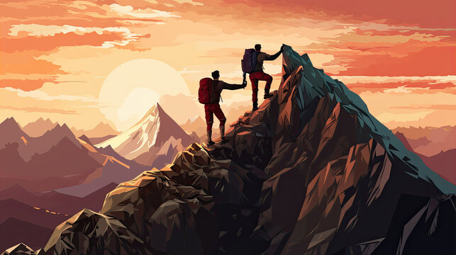 Hiker helping friend reach the mountain top, Generative Ai illustration