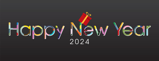 Happy New Year 2024 colorful lettering with gift box on dark background.