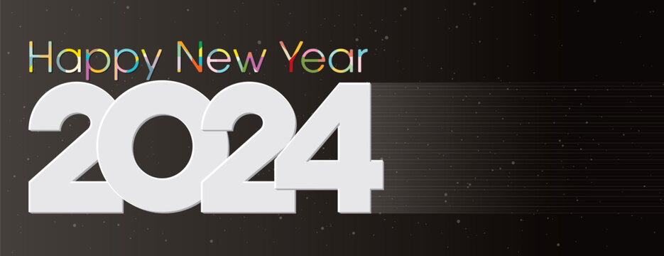 Happy New Year 2024 colorful lettering on cosmos background have blank space. Greeting card template.