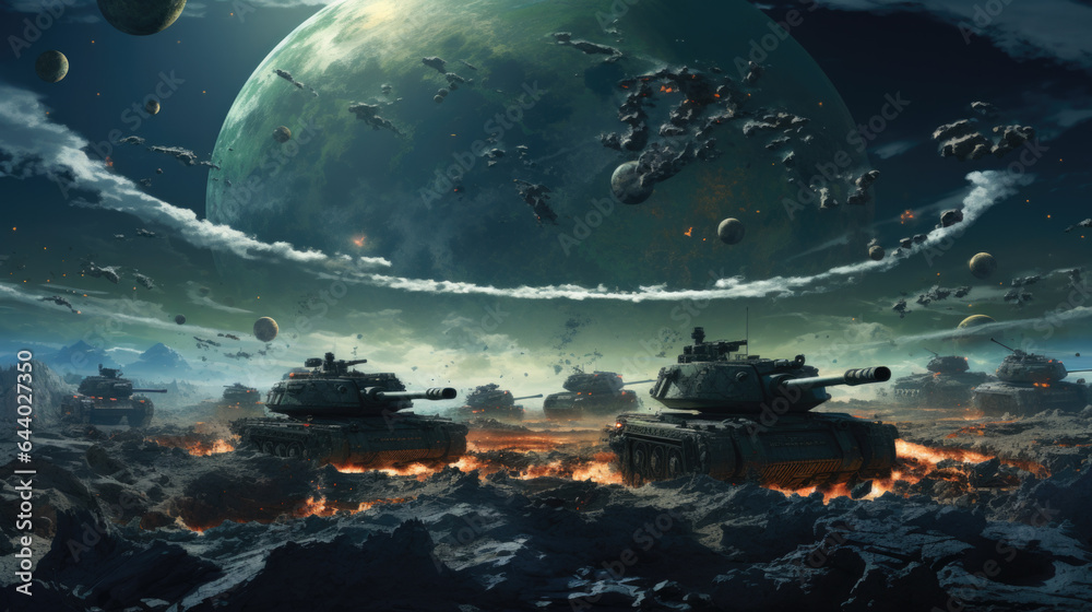 Wall mural future vesion of a world war. tank in the foreground and a planet or moon in the background. destroyed houses of a city. disaster scenario.