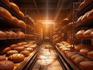 Bread bakery food factory with white bread on shelves at the manufacturing.