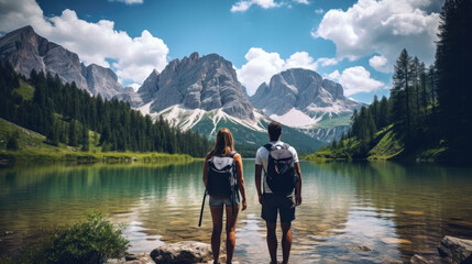 a couple goes hiking in the mountains. beautiful weather with a blue sky and some white clouds. big mountains.