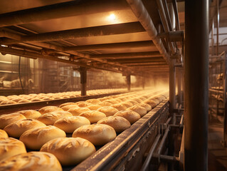 Bread bakery food factory with white bread on shelves at the manufacturing.